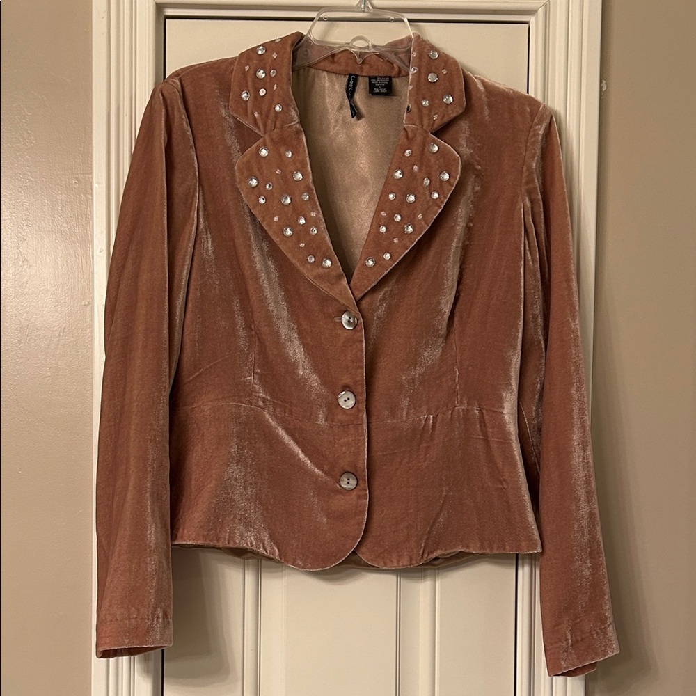 Cha Cha Vente Gold Velvet Bejeweled Lapel Blazer Sz M/L